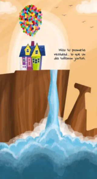 Ilustración de la casa con globos sobre la cascada